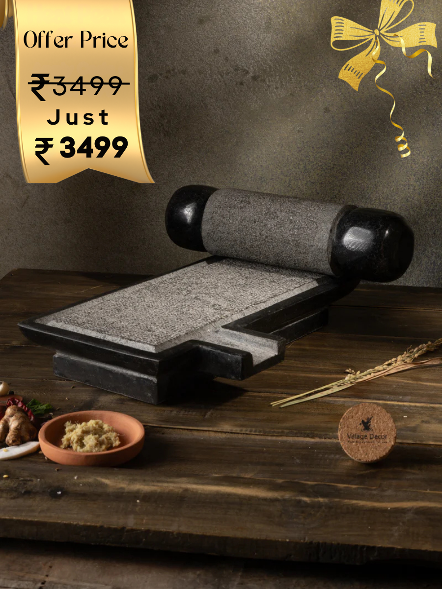 Black Stone Polished Sil Batta | Ammikallu:100% Natural, Flavourful Cooking, Mortar & Pestle (L x B = 15 x 9)
