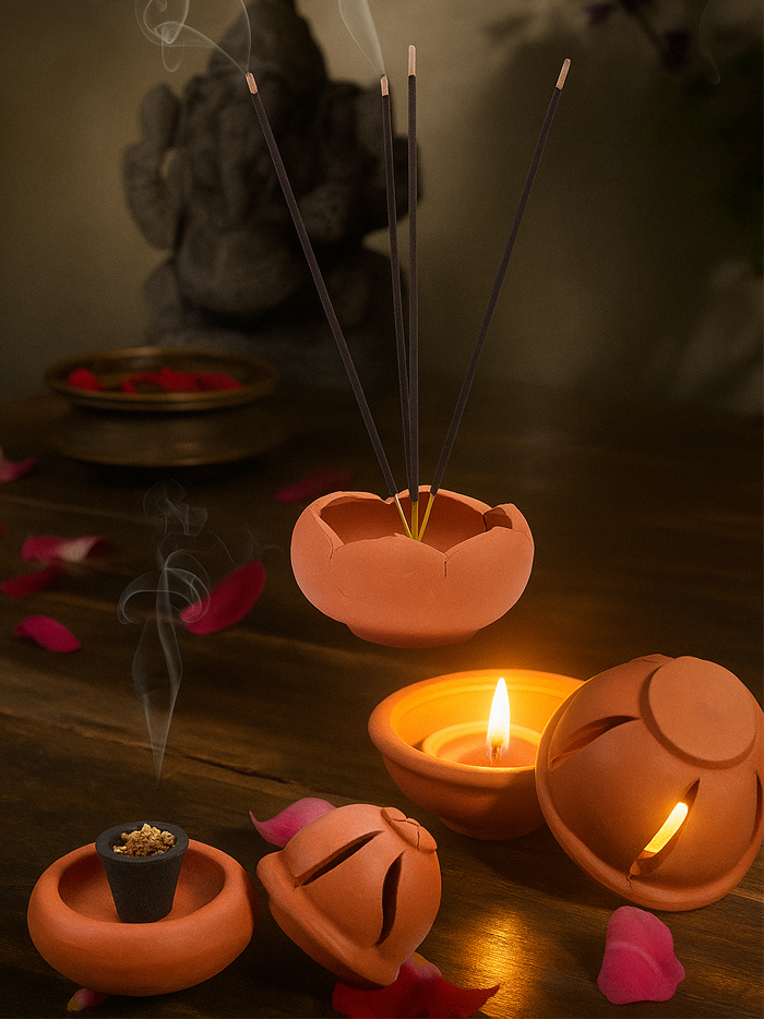 Lifestyle view of everyday pooja essentials combo with clay lamp, incense holder, and agarbatti stand in a traditional home worship setup.