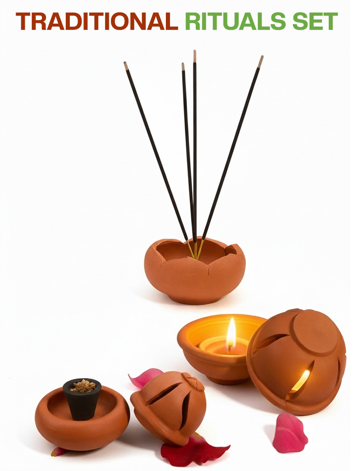 Handcrafted clay pooja set including lamp, incense holder, and stand on white backdrop