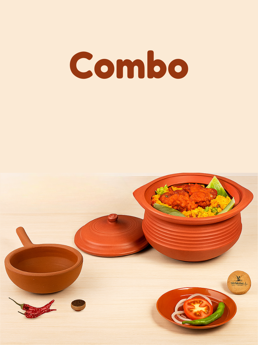 Pot and pan combo featuring a 1.5 litre handmade earthen clay cooking pot and a 400 ml tadka pan, styled in a traditional kitchen for everyday cooking with gas stove-safe clay cookware.