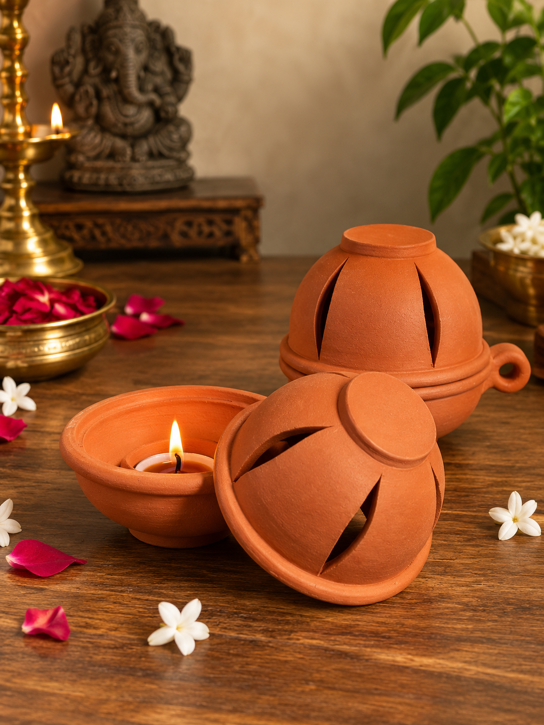 Traditional Handmade Terracotta Diyas with Lid for Home Decoration & Puja (2 Quantity)