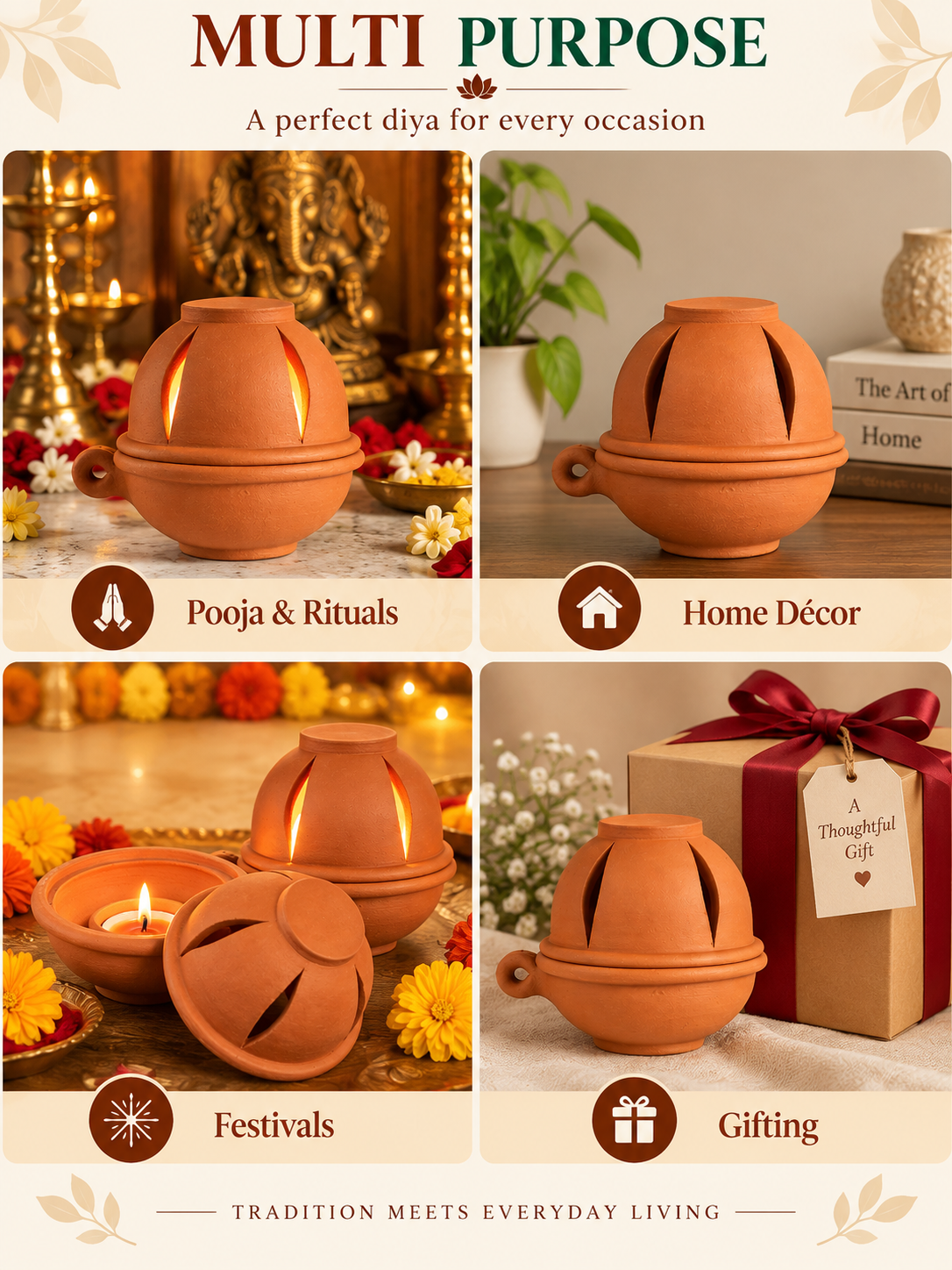 Traditional Handmade Terracotta Diyas with Lid for Home Decoration & Puja (2 Quantity)