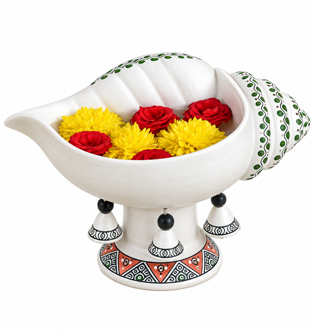 Terracotta Decorative Flower design Sangu urli with Stand | Showpiece Vastu Benefit - (Breadth-13 Inch)