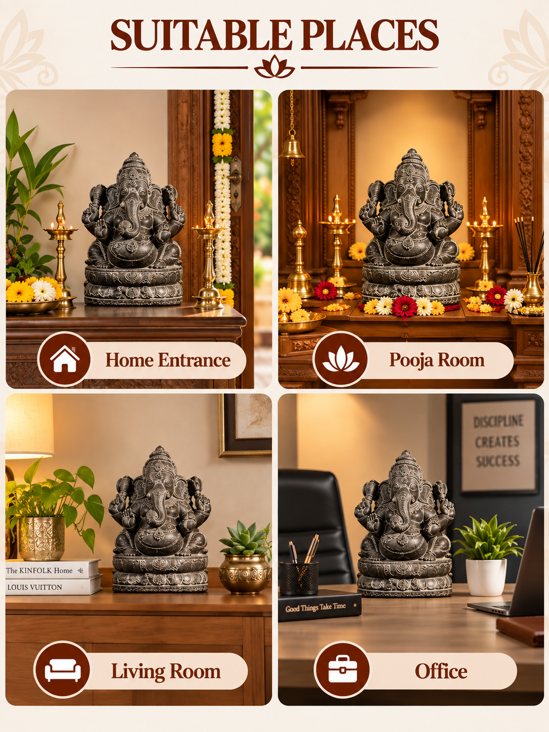 Black Stone Valampuri Vinayagar  Idol, Kan Drishti Ganapathy for Pooja, Home Decor and Showpiece - 9 Inch