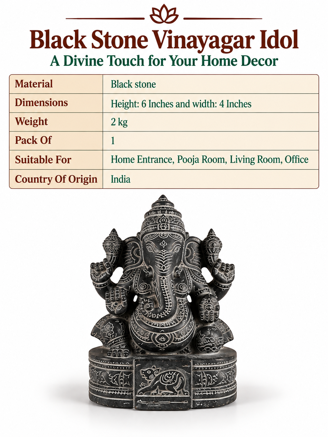 Black Stone Valampuri Vinayagar  Idol, Kan Drishti Ganapathy for Pooja, Home Decor and Showpiece - 6.5 Inch