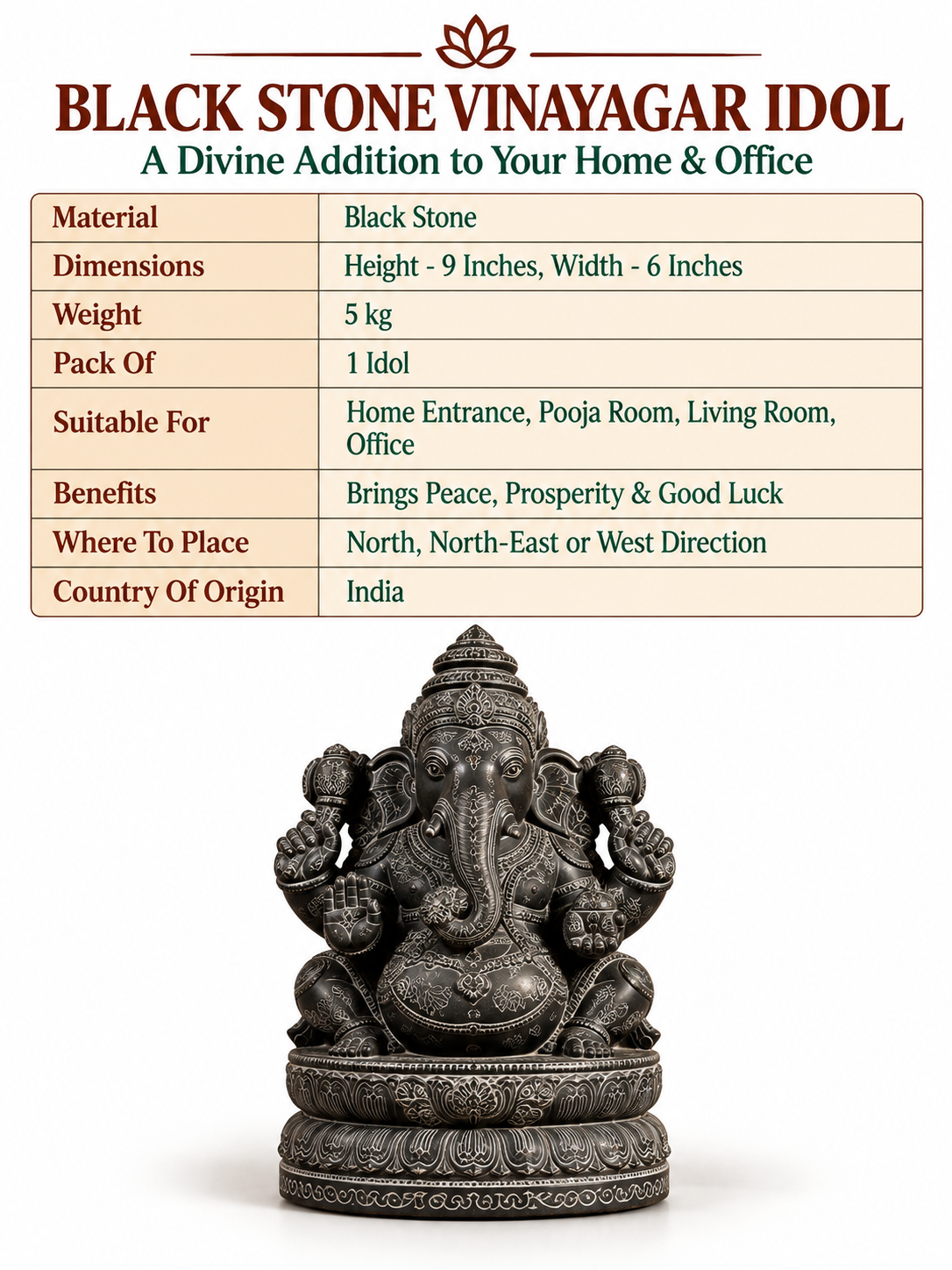 Black Stone Valampuri Vinayagar  Idol, Kan Drishti Ganapathy for Pooja, Home Decor and Showpiece - 9 Inch