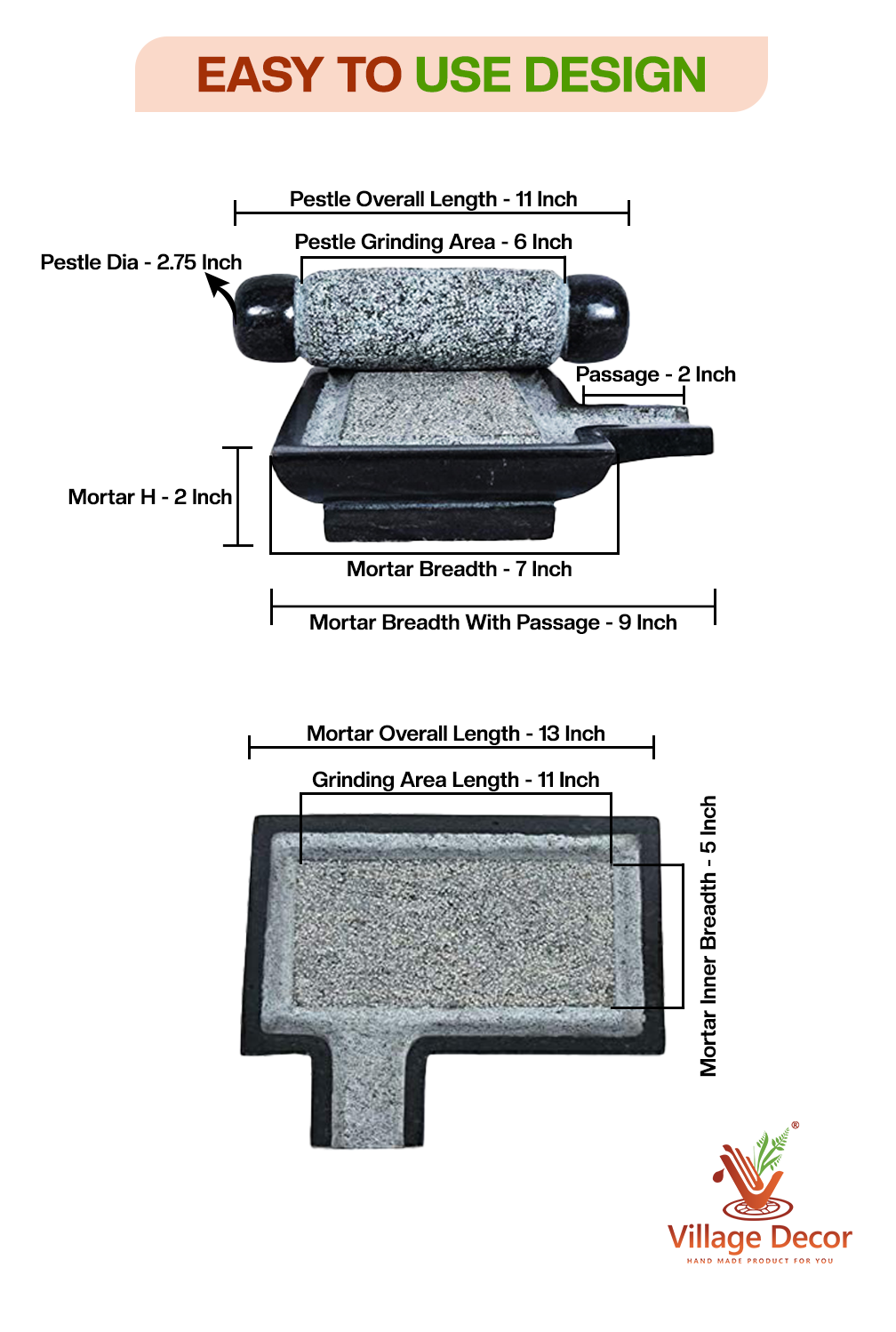 Detailed dimensions of Silbatta stone grinder showing pestle and mortar measurements.
