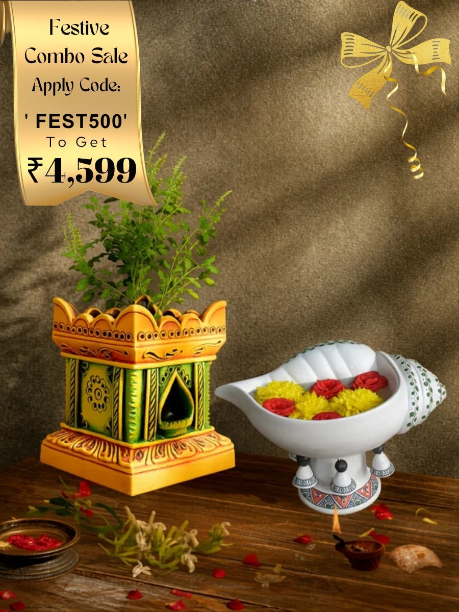 Multicolored tulsi pot with pearl white sangu urli combo set for pooja decor