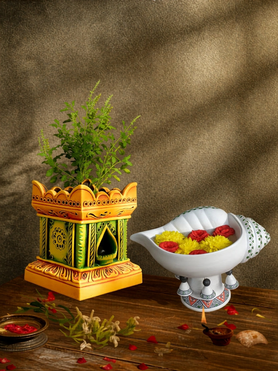 Multicolored tulsi pot with pearl white sangu urli combo set for pooja decor