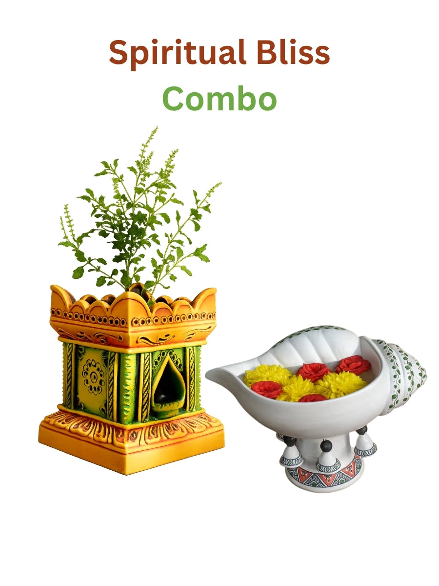 Decorative tulsi pot and pearl white sangu urli combo for rituals