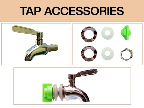 Stainless steel tap with a full set of accessories including washers, nuts, and green locking cap—shown assembled and unassembled for easy installation reference.
