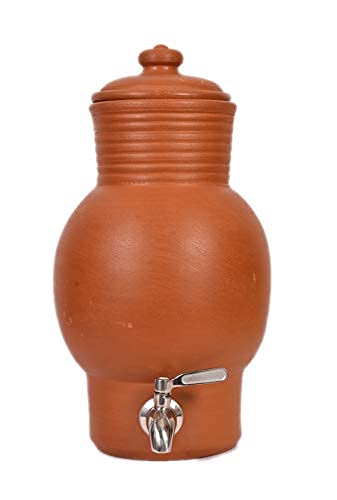 Traditional terracotta clay water pot with a stainless steel tap attached at the bottom, combining rustic design with modern convenience.