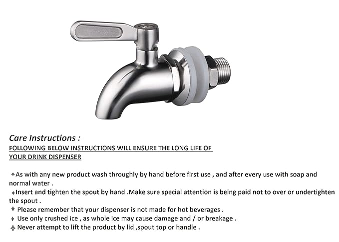 Stainless steel beverage dispenser tap with care instructions detailing proper cleaning, handling, and installation tips to ensure long-lasting performance and avoid damage.