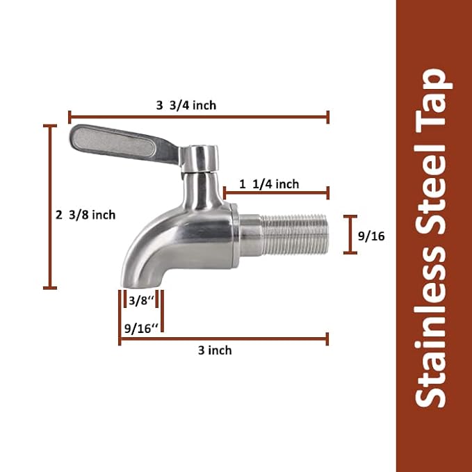 Detailed dimension view of a stainless steel tap with handle, showing measurements for height, width, thread size, and overall fit for beverage dispensers or clay pots.
