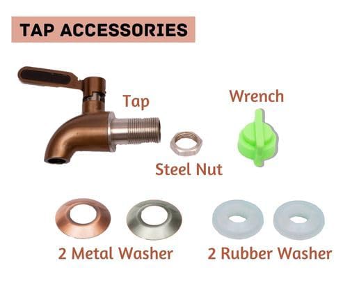 Complete stainless steel tap set including wrench steel nut two rubber washers and two metal washers for easy leakproof dispenser setup.
