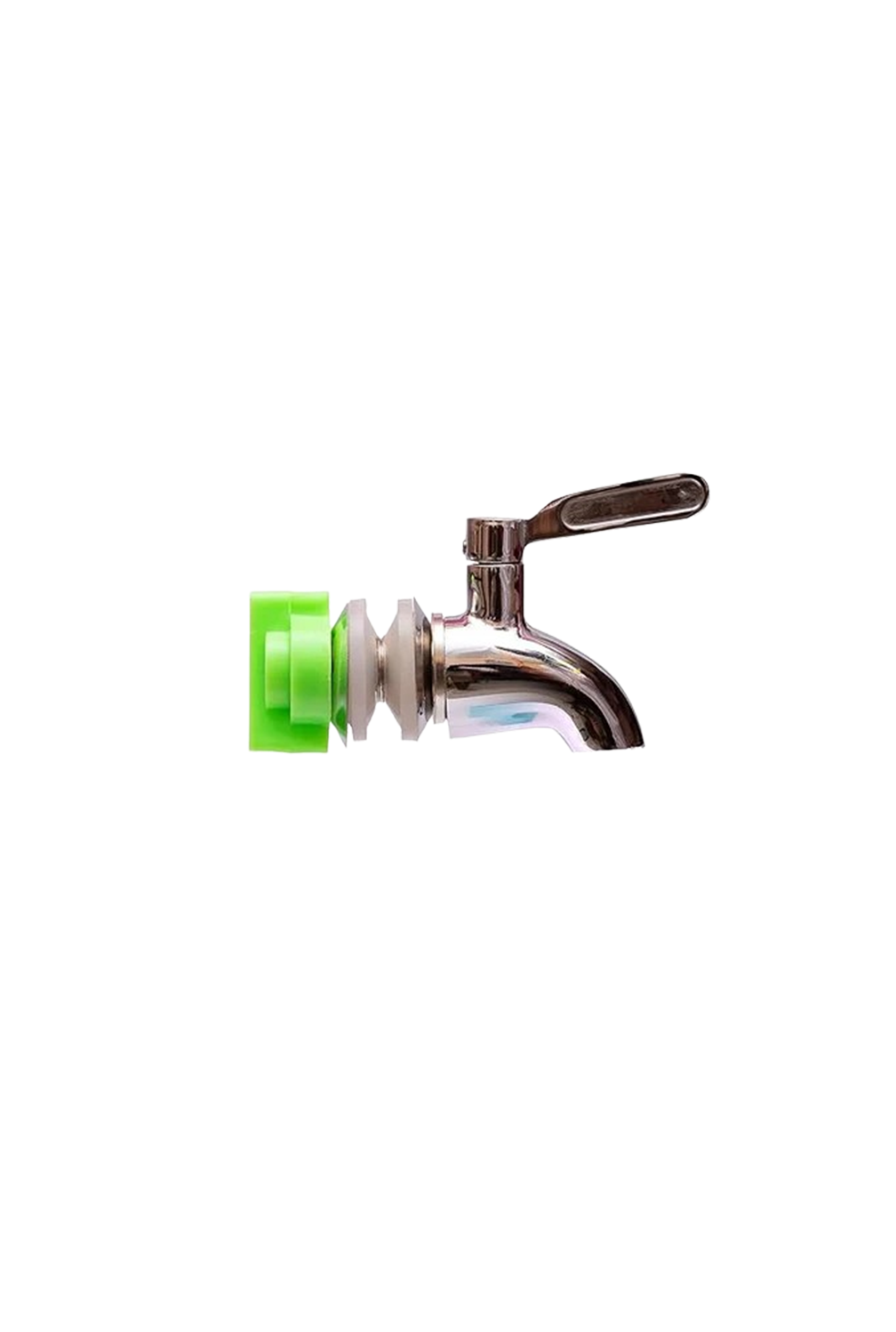 Stainless steel water dispenser tap with green nozzle, shown on a clean white background.

