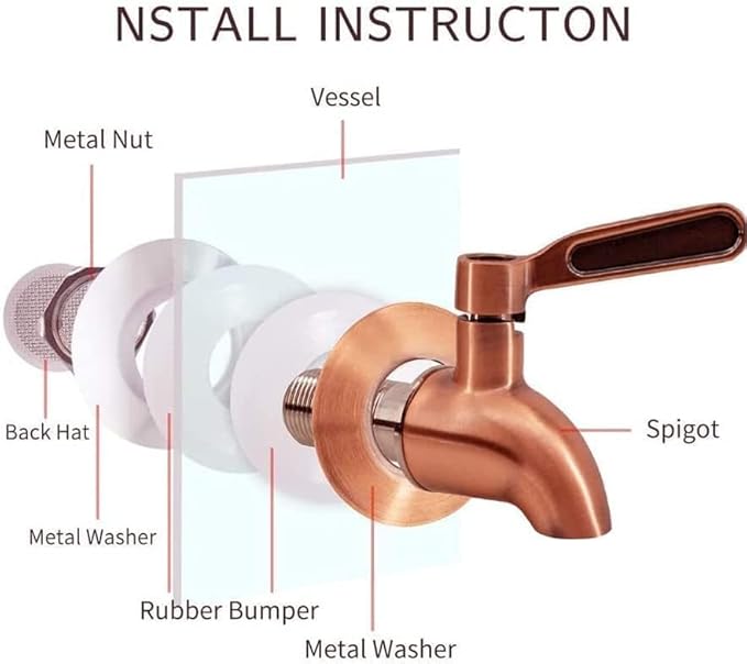Exploded view showing each part of a stainless steel tap installation, including spigot, rubber bumper, metal washers, back hat, and nut, with labeled assembly order.