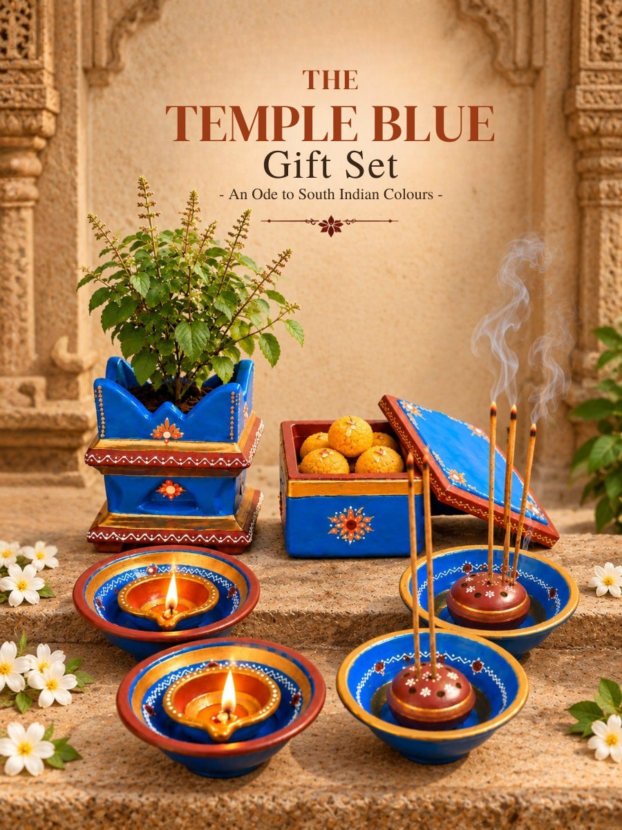 Temple Blue Gift Set - Incense Stick Holder -2, Plate Diya - 2, Mini Tulsi Pot - 1, Jewellery Box - 1 | Thoughtful Gift for Every Occasion