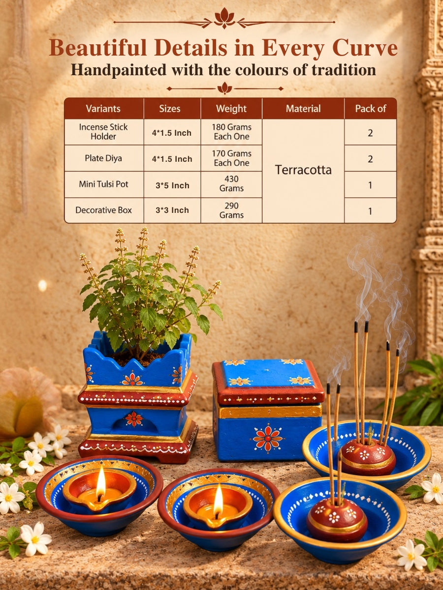 Temple Blue Gift Set - Incense Stick Holder -2, Plate Diya - 2, Mini Tulsi Pot - 1, Jewellery Box - 1 | Thoughtful Gift for Every Occasion