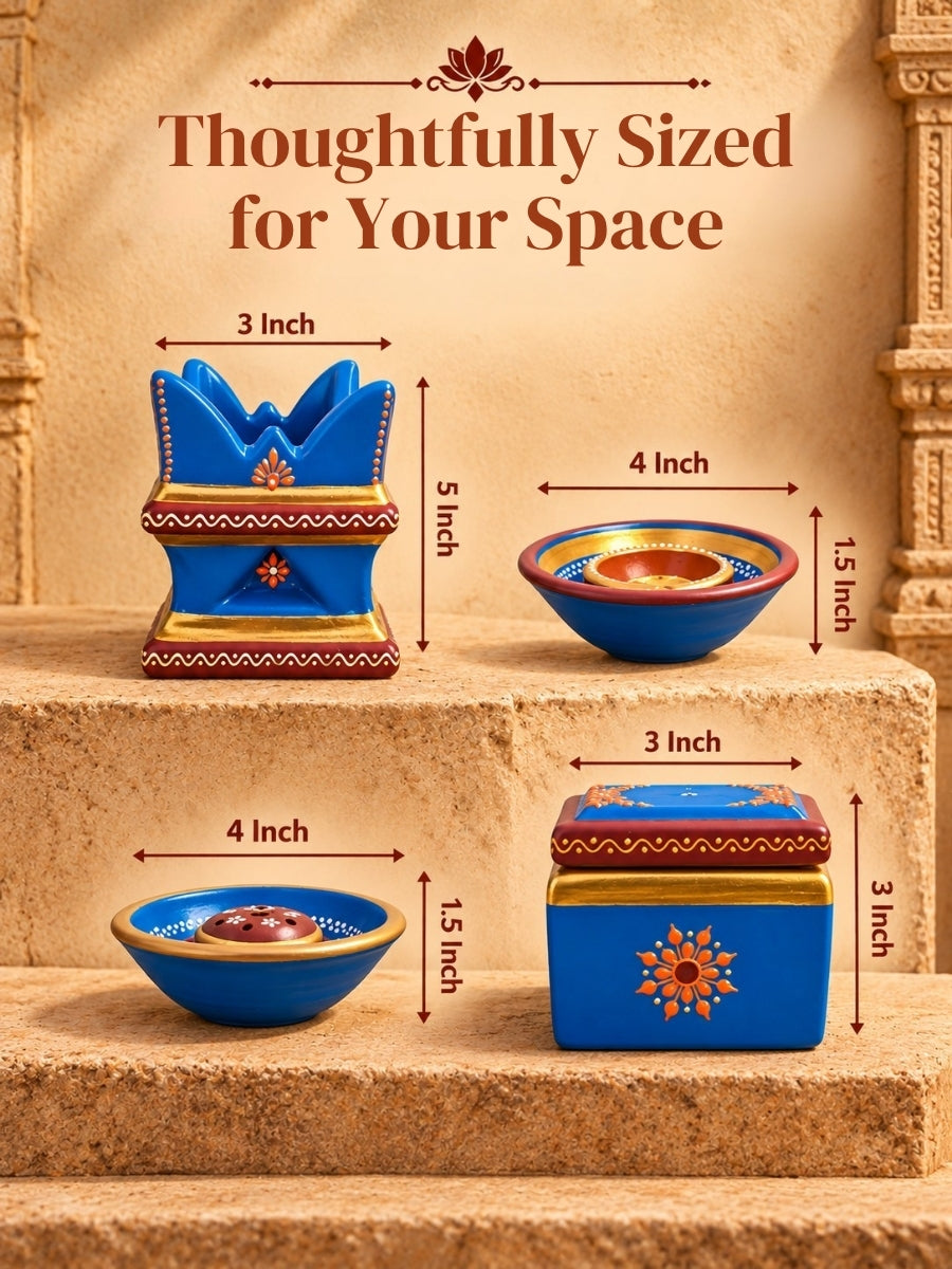 Temple Blue Gift Set - Incense Stick Holder -2, Plate Diya - 2, Mini Tulsi Pot - 1, Jewellery Box - 1 | Thoughtful Gift for Every Occasion