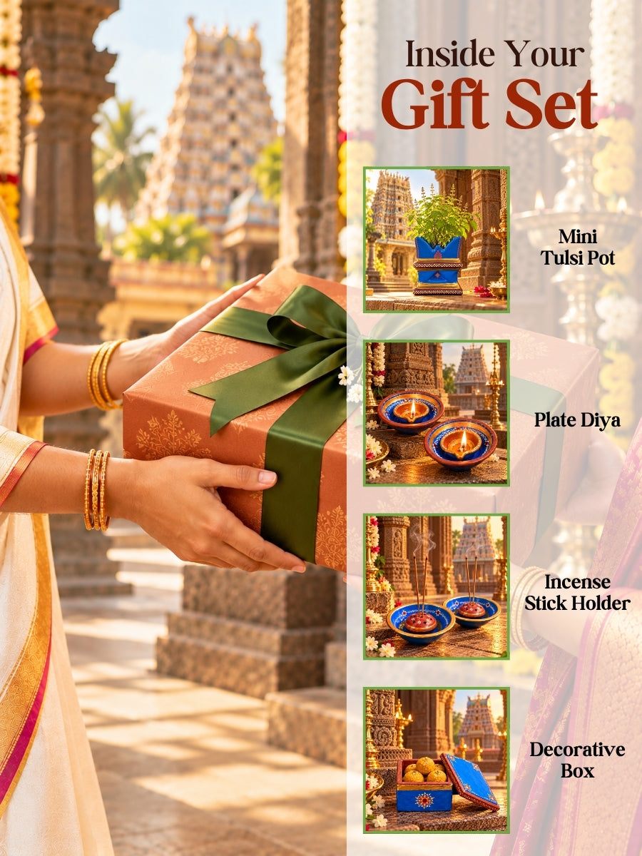 Temple Blue Gift Set - Incense Stick Holder -2, Plate Diya - 2, Mini Tulsi Pot - 1, Jewellery Box - 1 | Thoughtful Gift for Every Occasion