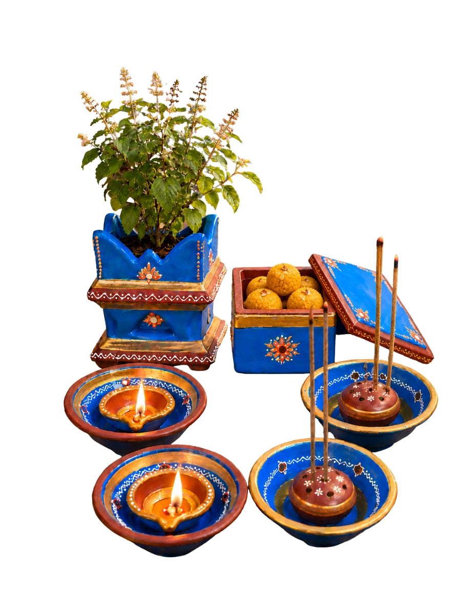 Temple Blue Gift Set - Incense Stick Holder -2, Plate Diya - 2, Mini Tulsi Pot - 1, Jewellery Box - 1 | Thoughtful Gift for Every Occasion