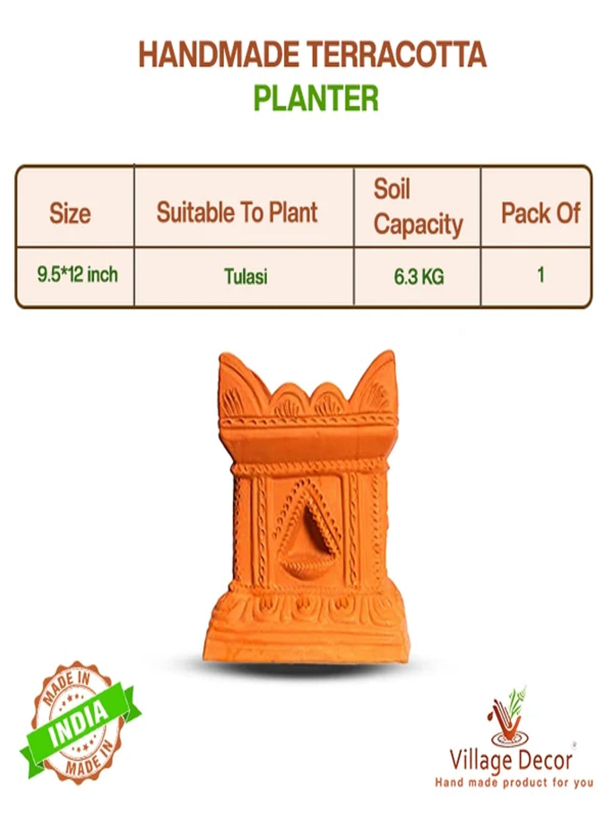 Terracotta Gardening Brindavan Tulsi Pot with Drainage Hole at Bottom | Tulsi Vrindavan for Balcony, Porch, Garden, Roof Planter (B*H- 10*12 inch)