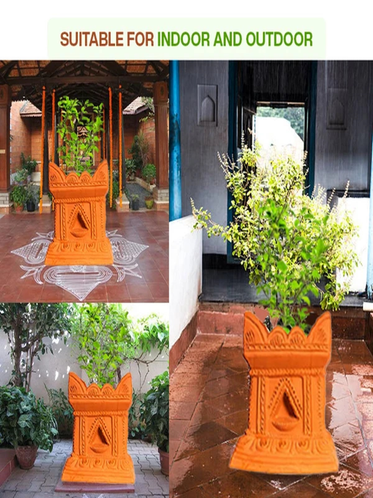 Terracotta Gardening Brindavan Tulsi Pot with Drainage Hole at Bottom | Tulsi Vrindavan for Balcony, Porch, Garden, Roof Planter (B*H- 10*12 inch)