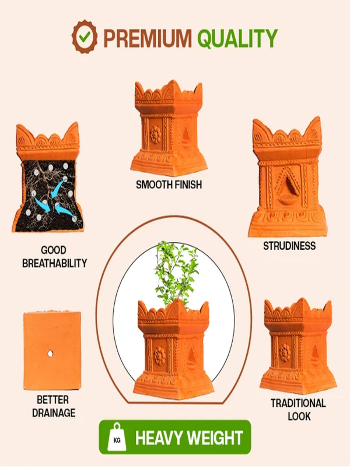 Terracotta Gardening Brindavan Tulsi Pot with Drainage Hole at Bottom | Tulsi Vrindavan for Balcony, Porch, Garden, Roof Planter (B*H- 10*12 inch)