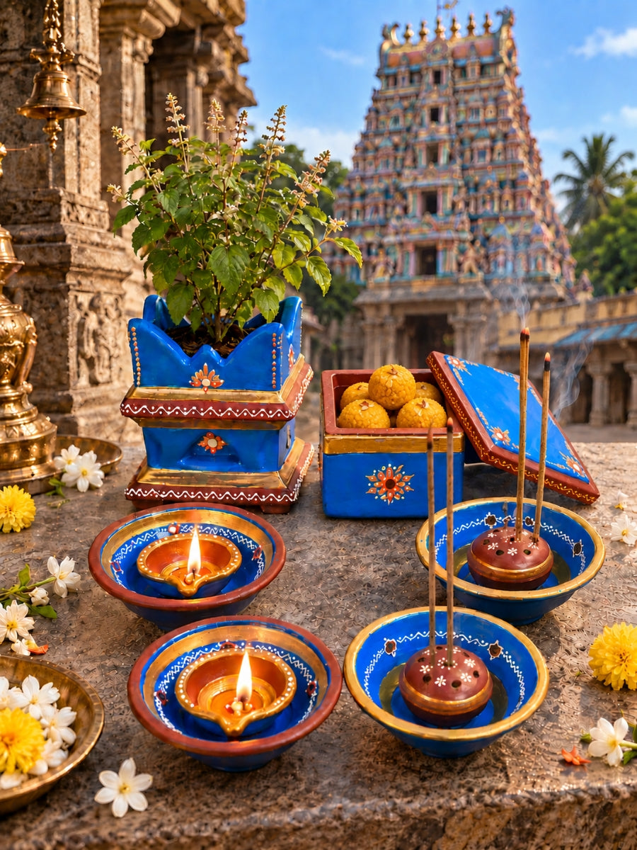 Temple blue gift set with 2 incense stick holders, 2 plate diyas, 1 mini tulsi pot, and 1 decorative box for festive gifting and home decor