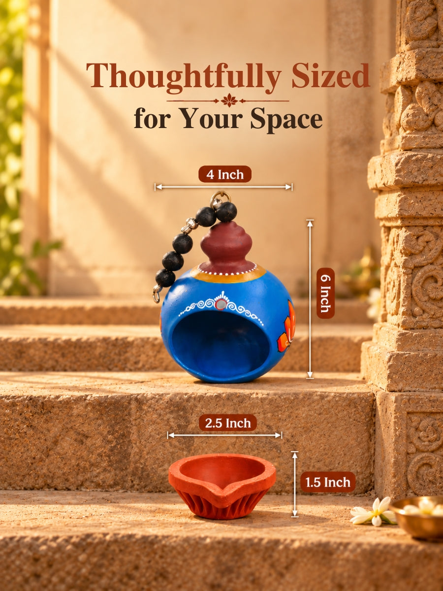 Dimensions of the temple blue hanging doom-shaped terracotta diya, showcasing its 4.5-inch diameter and 5-inch height for traditional pooja and home decor