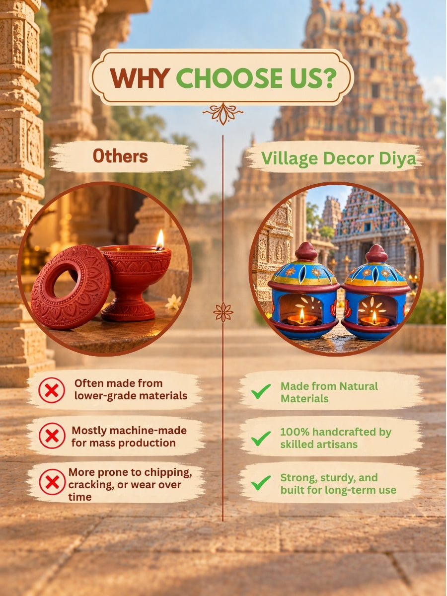 Temple blue round hut-shaped terracotta diya with traditional handpainted details, ideal for pooja rituals, festive decor, and adding a traditional touch to your home