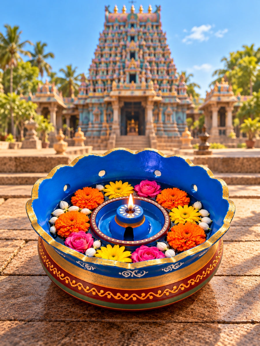 Temple blue Vallalar terracotta diya displayed in a lifestyle setting, featuring traditional handpainted details and a 7-inch design for pooja rituals and festive home decor.