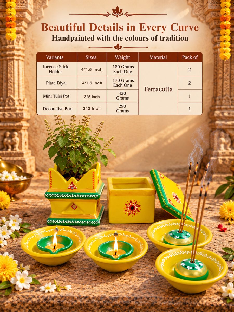 Detailed view of the temple yellow terracotta gift set featuring 2 incense stick holders, 2 plate diyas, 1 mini tulsi pot, and 1 decorative box, highlighting the traditional design and handpainted details.
