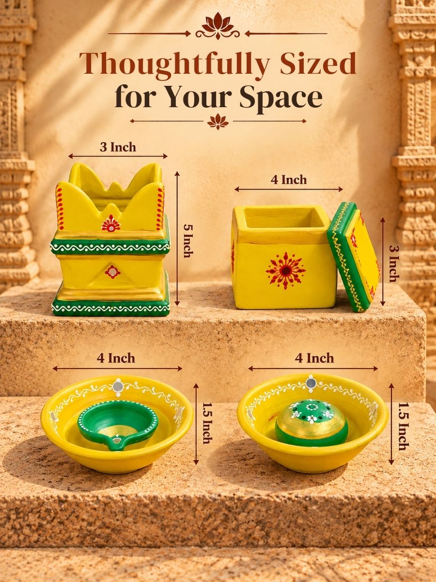 Dimensions of the temple yellow terracotta gift set featuring 2 incense stick holders, 2 plate diyas, 1 mini tulsi pot, and 1 decorative box, showcasing the size and design of each item.