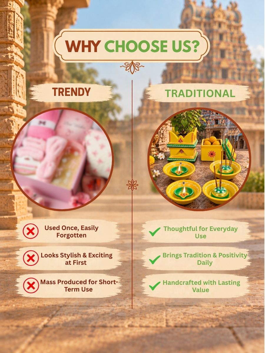 Why choose the temple yellow terracotta gift set featuring 2 incense stick holders, 2 plate diyas, 1 mini tulsi pot, and 1 decorative box for traditional craftsmanship, festive gifting, and pooja celebrations.