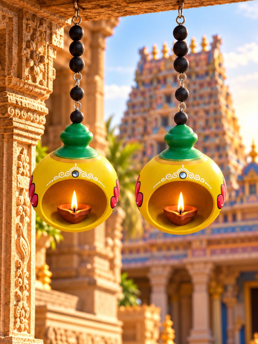 Temple yellow handpainted terracotta hanging doom diya, 4.5 inches in diameter, styled in a home decor setting to showcase its traditional temple-inspired design for festive decoration and pooja spaces.