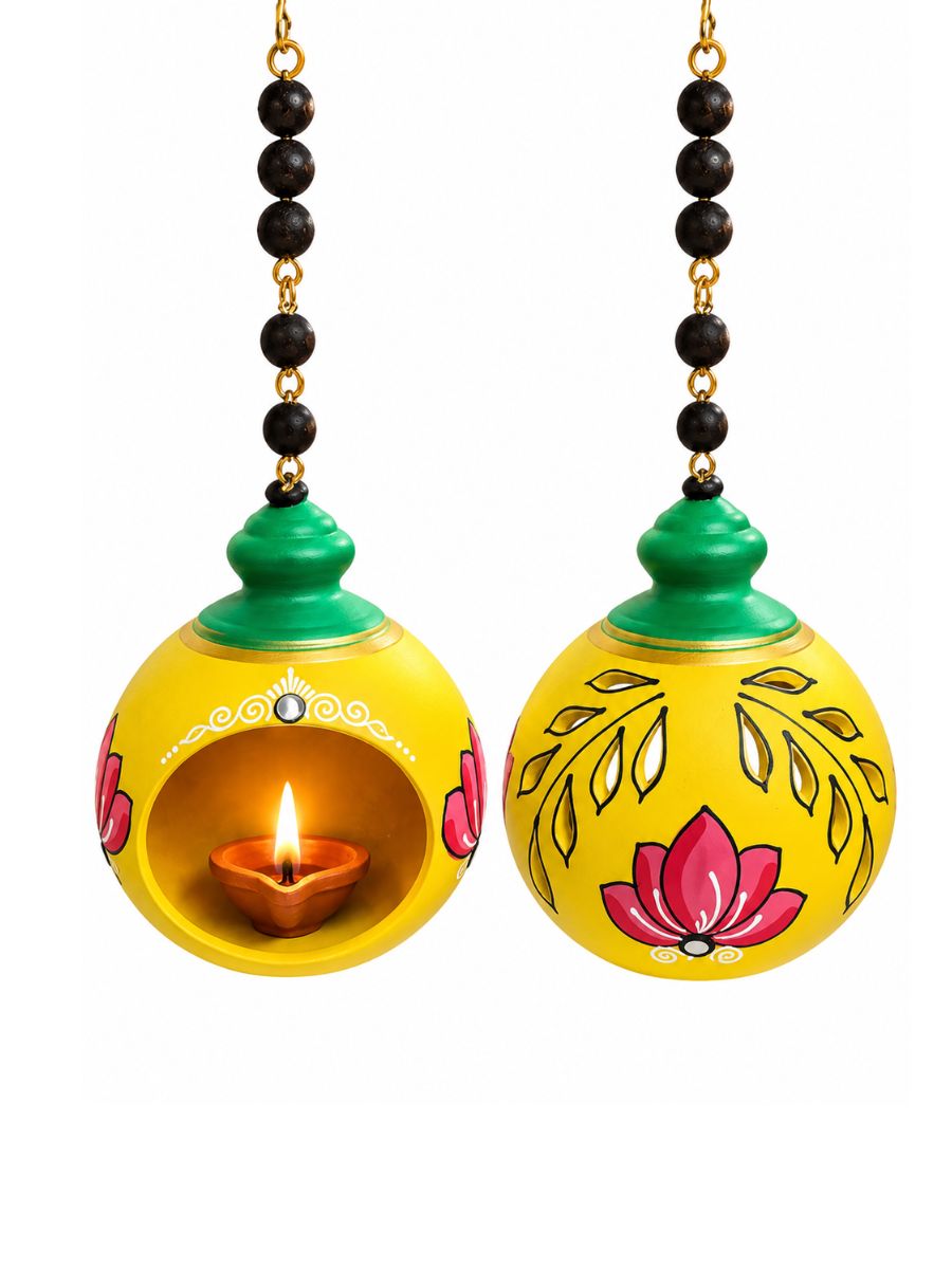 4.5-inch temple yellow handpainted terracotta hanging doom diya displayed against a white background, showcasing its traditional temple-inspired design and decorative details.