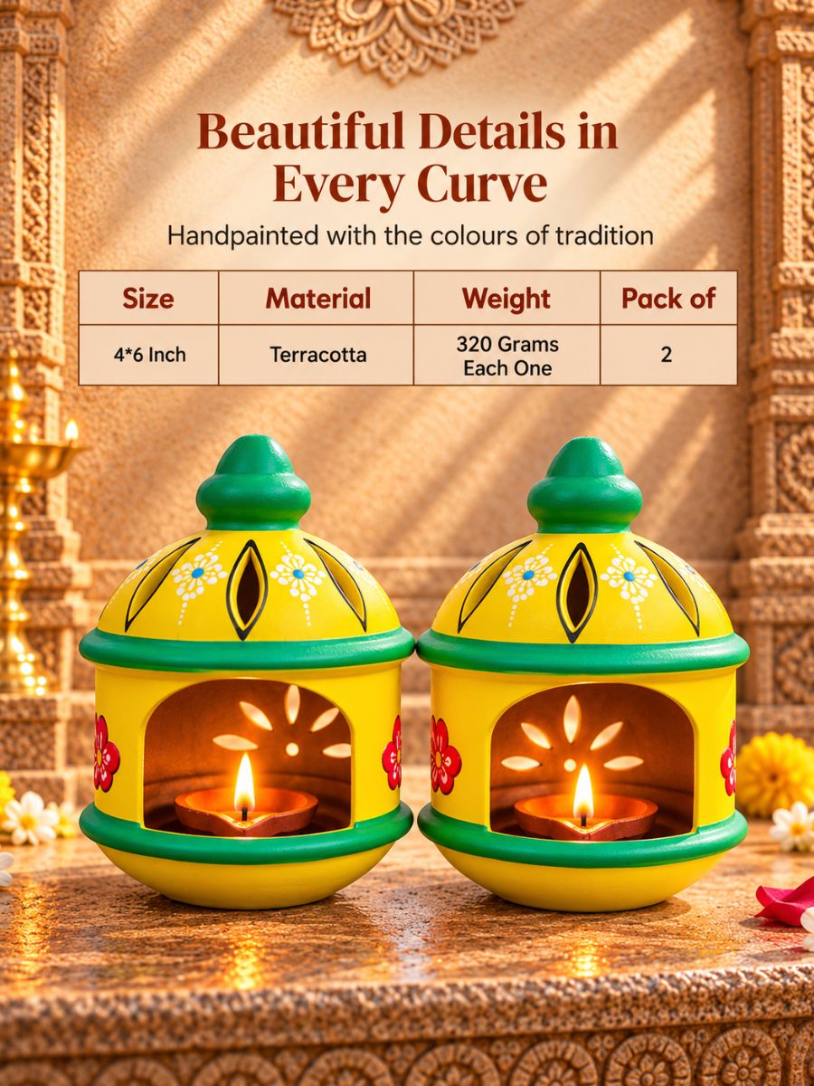 Detailed view of the 6-inch temple yellow round hut-shaped handpainted terracotta diya, highlighting its traditional temple-inspired patterns and decorative craftsmanship for pooja and home decor.