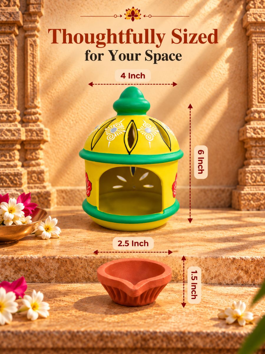 Dimensions of the 6-inch temple yellow round hut-shaped handpainted terracotta diya, showcasing its size and traditional temple-inspired design for pooja and home decor.