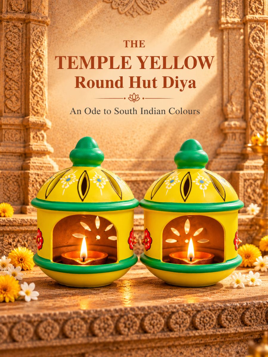Temple yellow round hut-shaped diya, 6 inches tall, featuring handpainted terracotta craftsmanship and traditional temple-inspired design for pooja and home decoration.