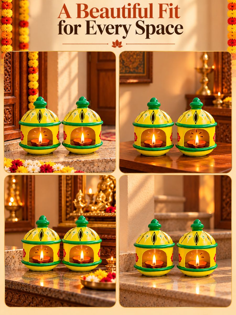 6-inch temple yellow round hut-shaped handpainted terracotta diya suitable for pooja rituals, festive celebrations, home temples, and traditional home decoration.