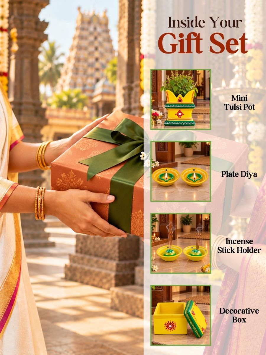 Temple yellow terracotta gift set with 2 incense stick holders, 2 plate diyas, 1 mini tulsi pot, and 1 decorative box, thoughtfully designed for festive gifting, housewarmings, and pooja celebrations.