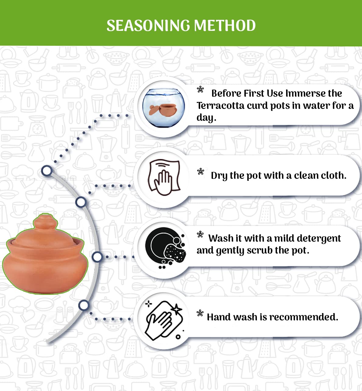 Step-by-step seasoning method for terracotta curd pot: soak in water, dry with cloth, wash with mild detergent, and hand wash recommended before first use.
