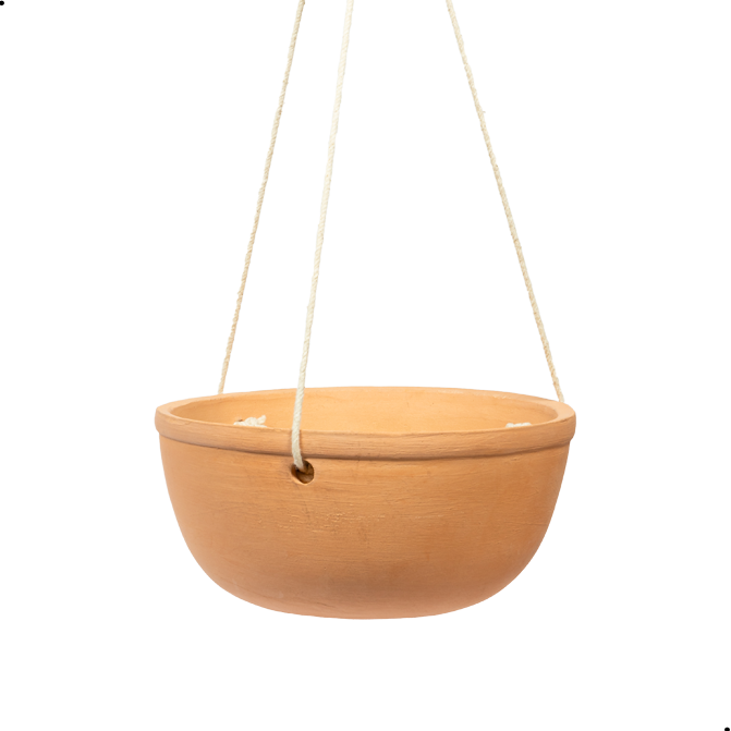 Terracotta Bowl-shaped hanging planter with rope on white background, Perfect For balcony hanging.
