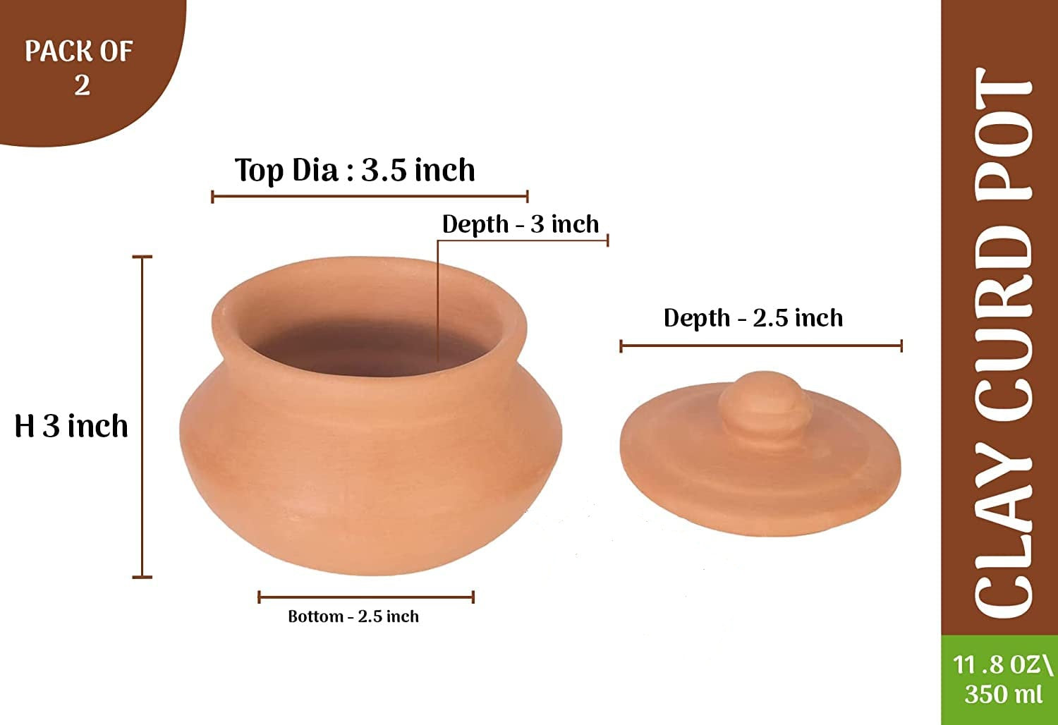 Pack of 2 terracotta clay curd pots with lids, shown with measurements including top diameter, bottom diameter, height, depth, and lid size for 350 ml capacity
