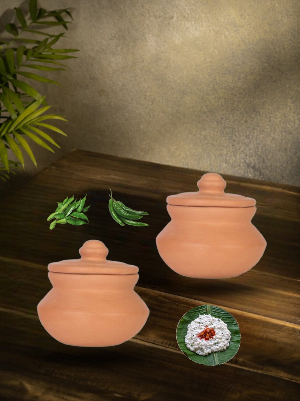 Set of two terracotta clay curd pots also called as dahi pot with lids, handmade for natural yogurt setting at home.
