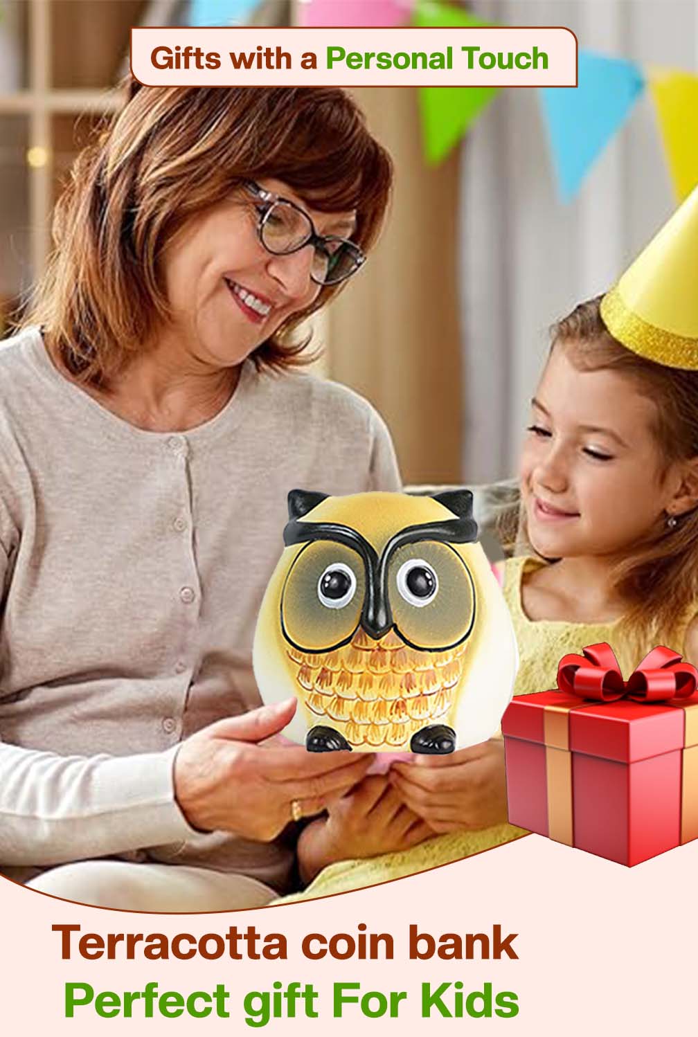 Mother giving a gift box to her daughter with a Village Decor terracotta coin bank shown as a perfect gift for kids, promoting savings in a joyful way.