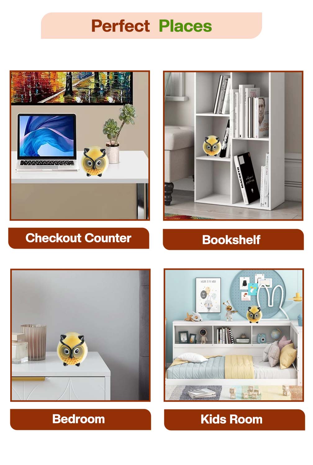 Terracotta coin bank displayed in different places such as a checkout counter, bookshelf, bedroom, and kids room, showing its use as both a money saver and decorative piece.