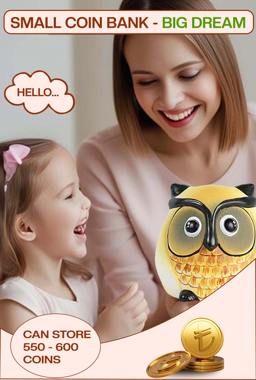 Smiling mother and daughter with Village Decor terracotta coin bank, highlighting its storage capacity for coins and making saving fun for kids.